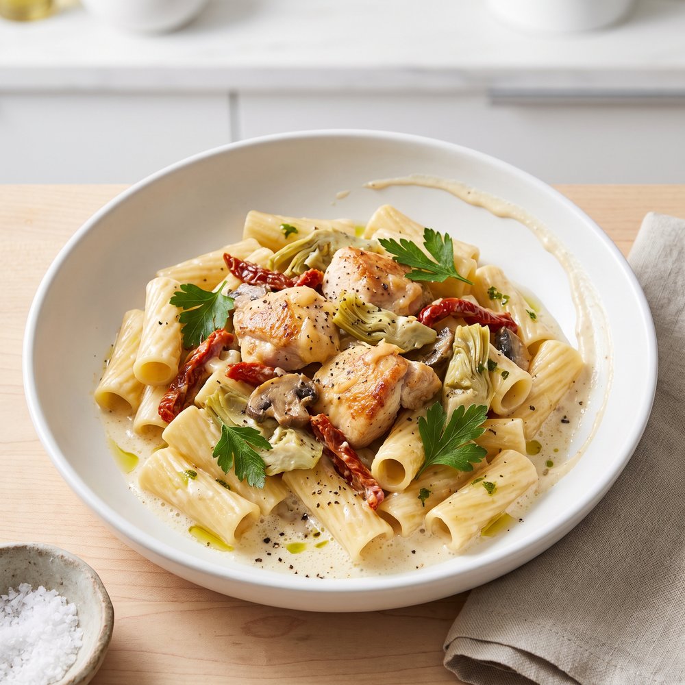 Creamy Garlic Chicken Rigatoni with Artichokes