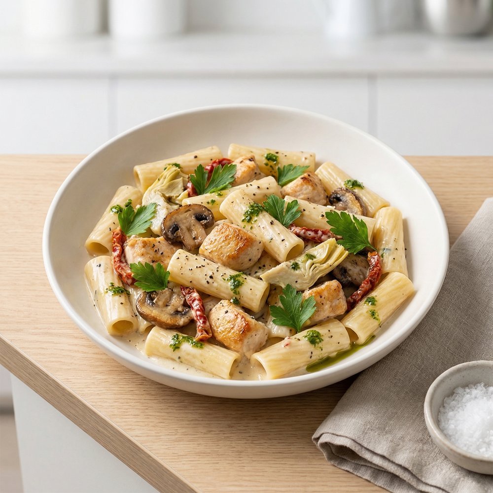 Creamy Garlic Chicken Rigatoni with Artichokes