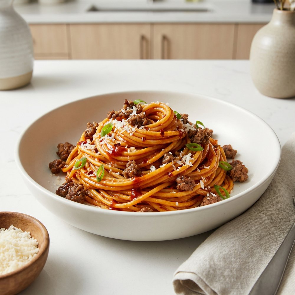 Spicy Gochujang Cream Spaghetti with Beef