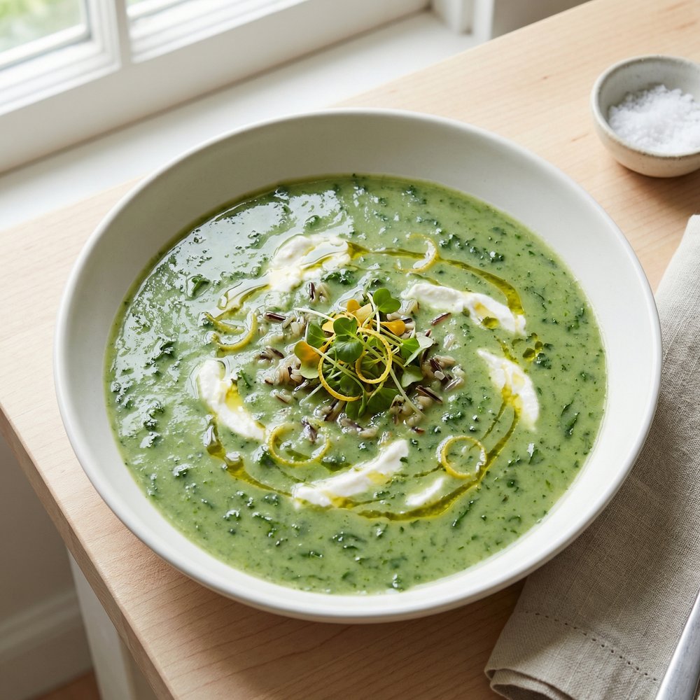Silky Green Vegetable Soup with Wild Rice and Goat Cheese