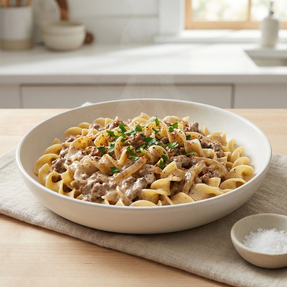 Weeknight Ground Beef Stroganoff with Egg Noodles