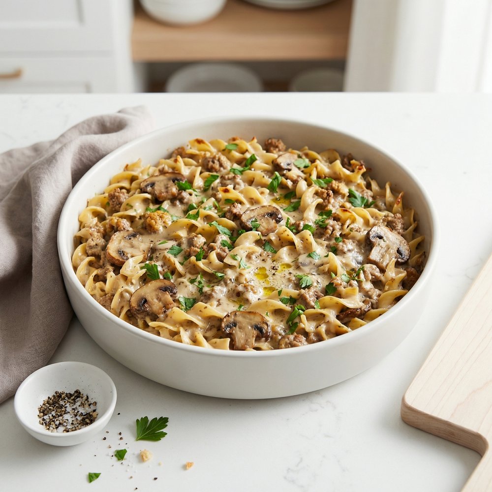 Beef and Mushroom Stroganoff Bake