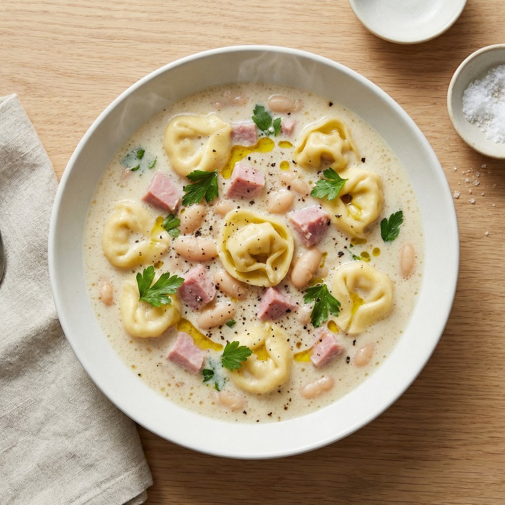 Creamy Tortellini Soup with Ham and Cannellini Beans