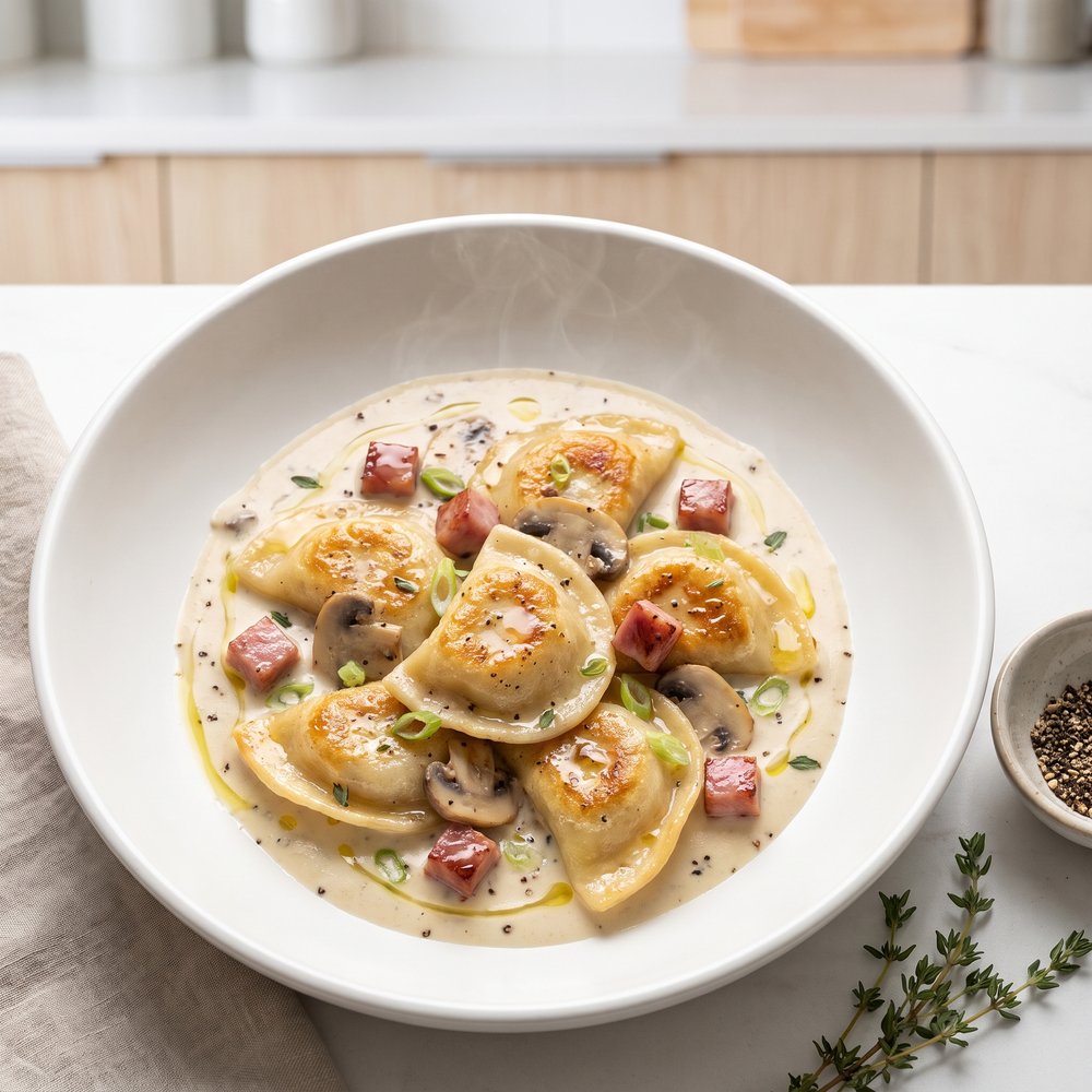 Creamy Ham with Baked Pierogies