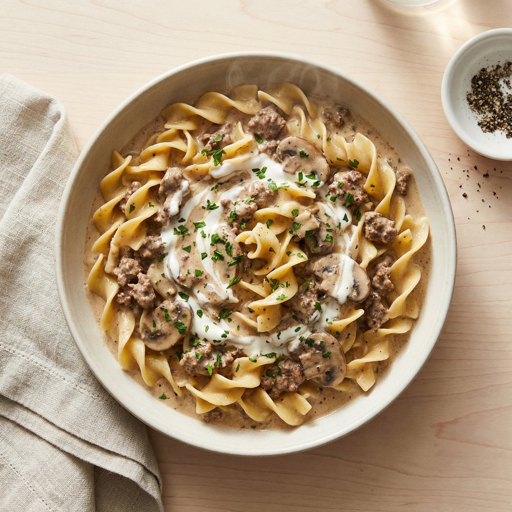 Creamy Ground Beef Stroganoff with Egg Noodles