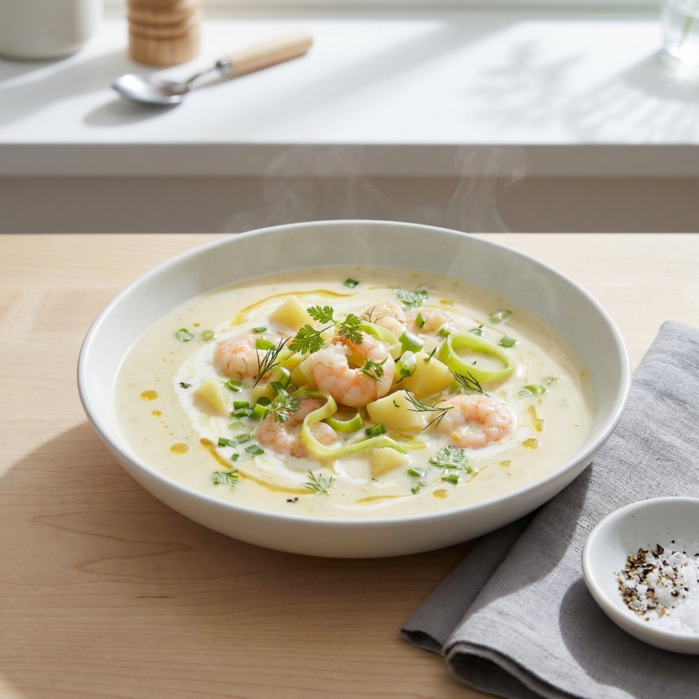 Creamy Potato-Leek Soup with Shrimp