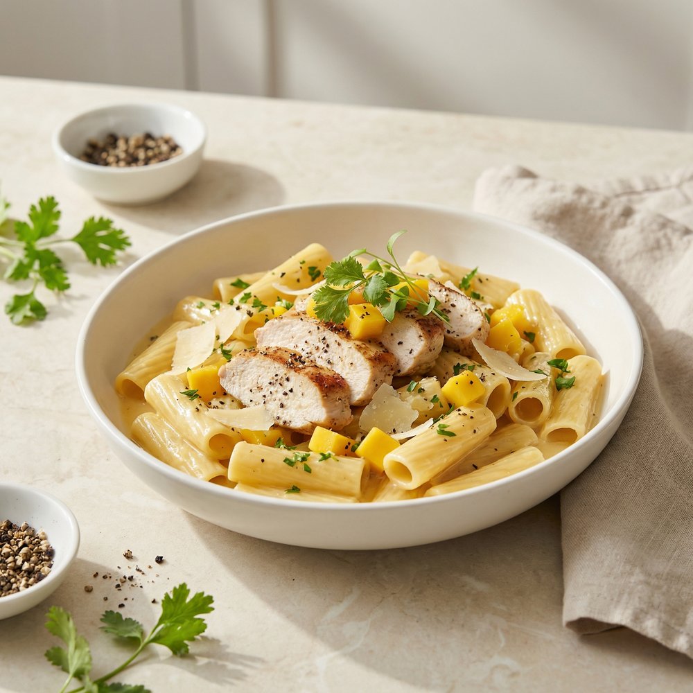 Chicken and Pasta in a Mango Cream Sauce