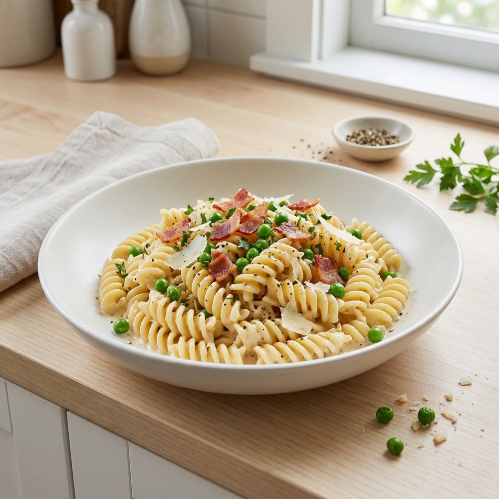 One Pan Pasta with Bacon and Peas