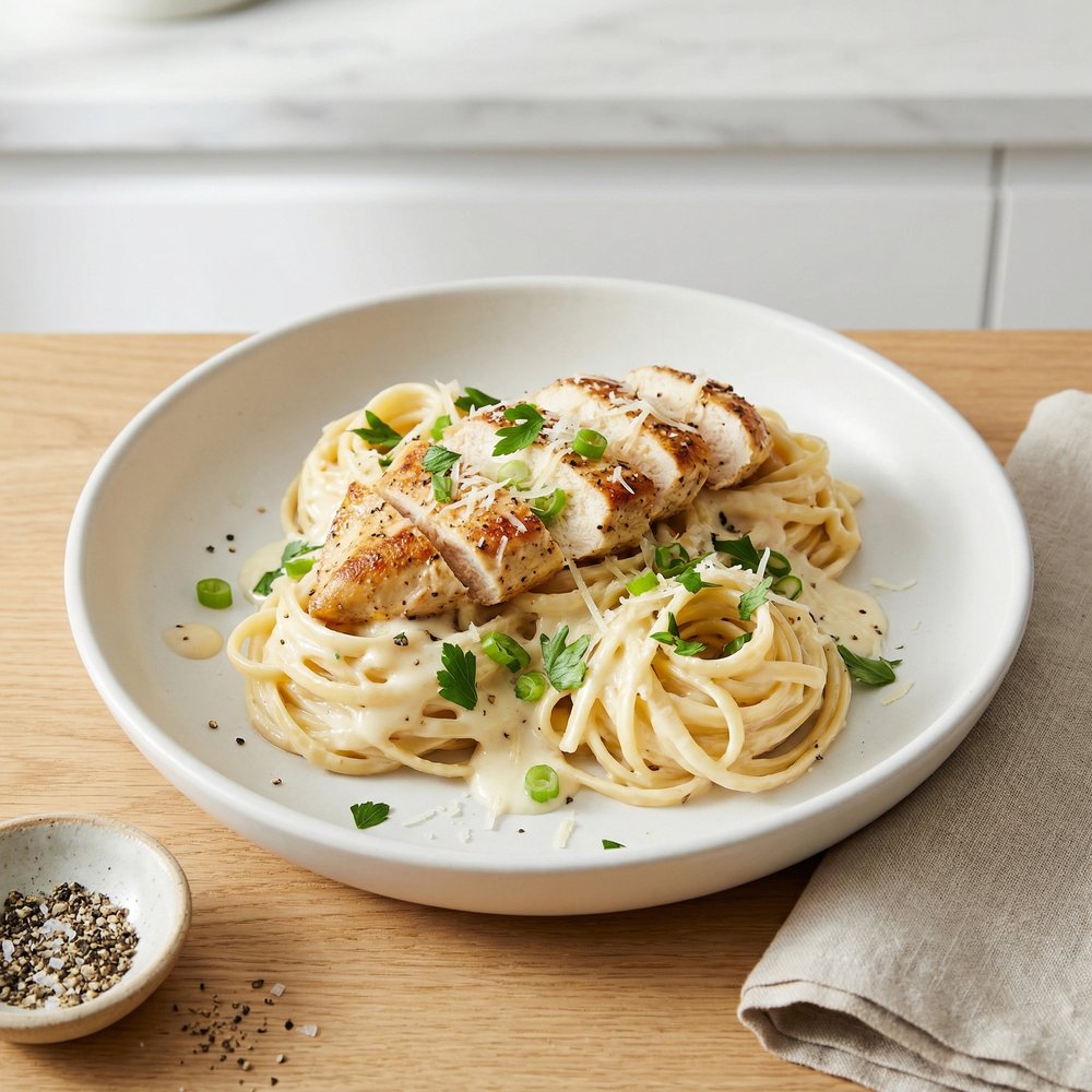 Linguine Topped with Creamy Chicken