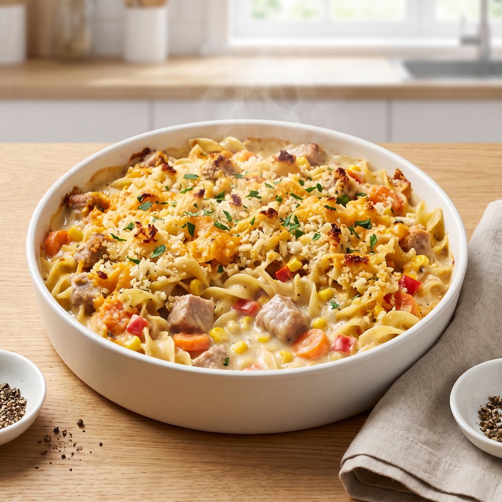 Creamy Pork and Egg Noodle Bake