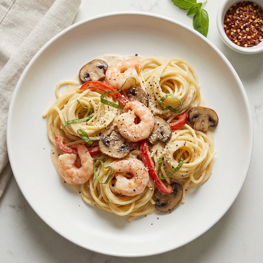 Velvety Shrimp Pasta Primavera