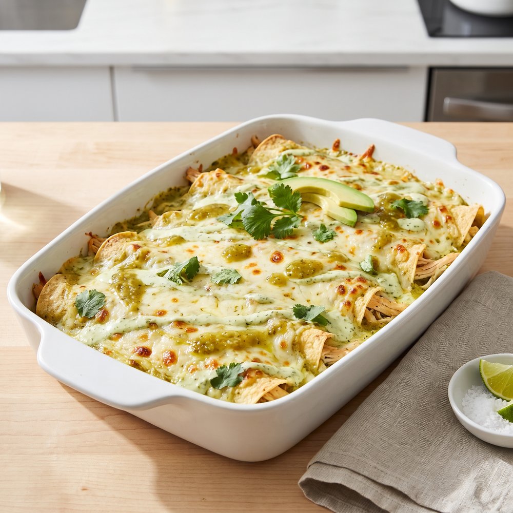 Creamy Slow Cooker Green Chicken Enchilada Casserole