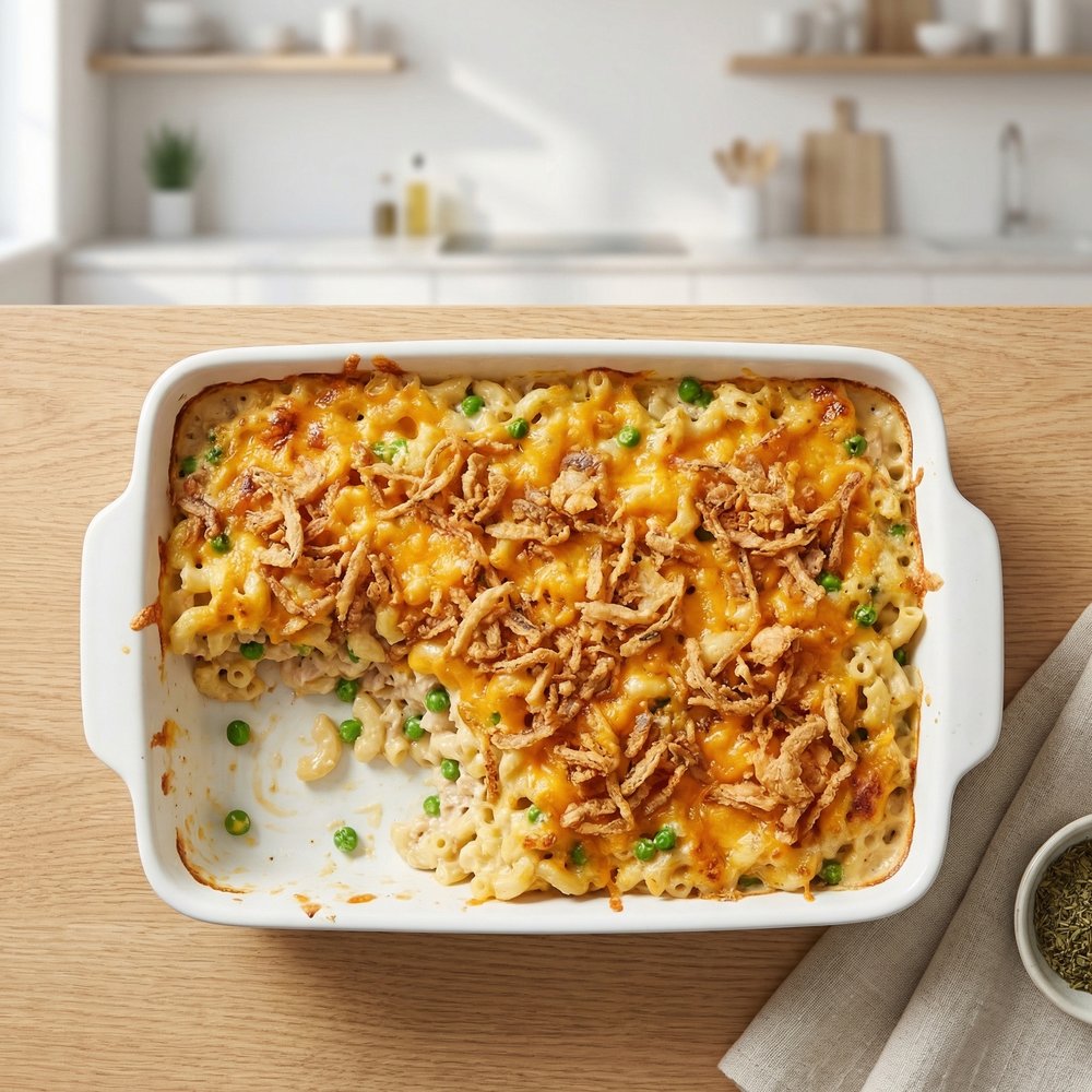 Tuna Mac-and-Cheese Bake with Crispy Onions