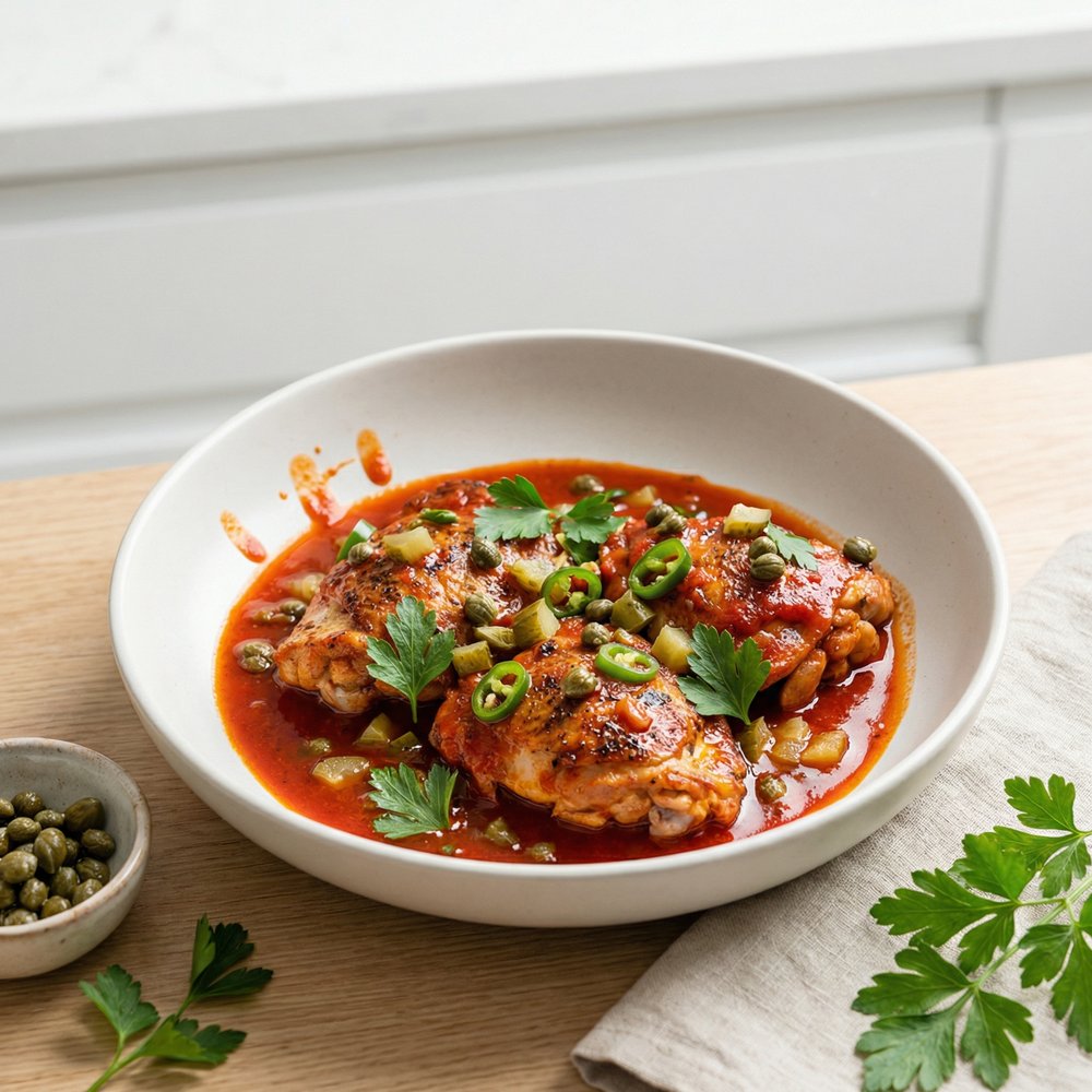 Creole Chicken Piquant Skillet with Tomatoes, Capers, and Pickles