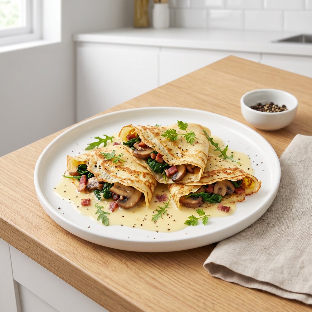 Crepes Filled with Spinach, Bacon, and Mushrooms