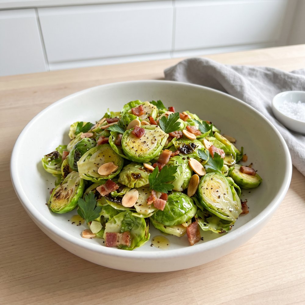 Crisp Shaved Brussels Sprouts with Bacon and Almonds