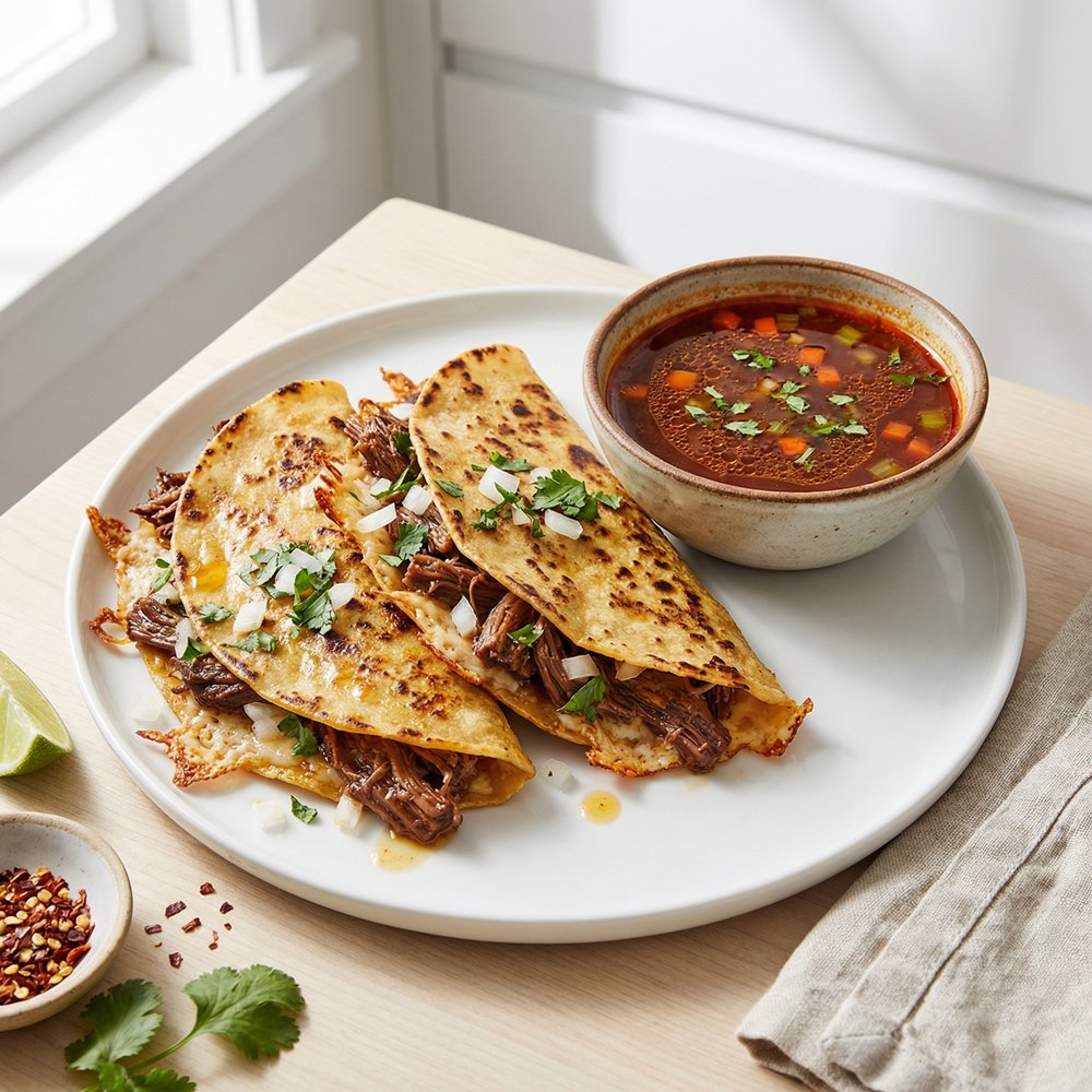 Birria Beef Queso Tacos with Dipping Consommé