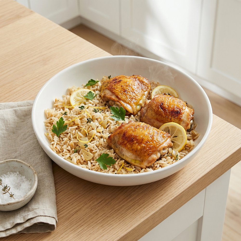 Skillet Crispy Chicken Thighs with One-Pot Rice