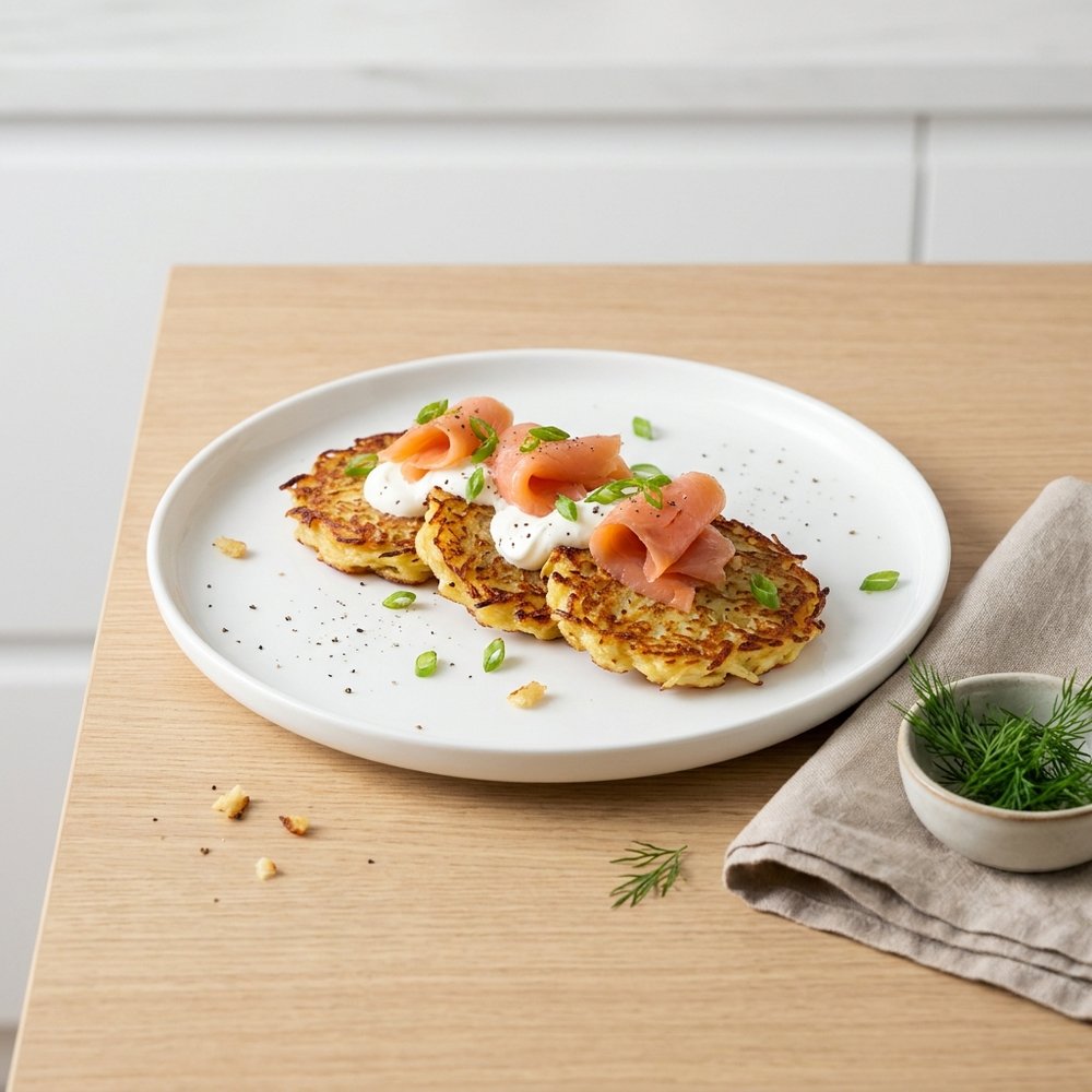 Crispy Potato Cakes Topped with Smoked Salmon