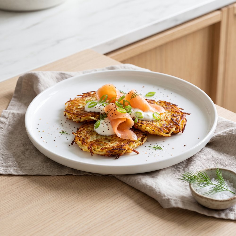 Crispy Potato Cakes Topped with Smoked Salmon