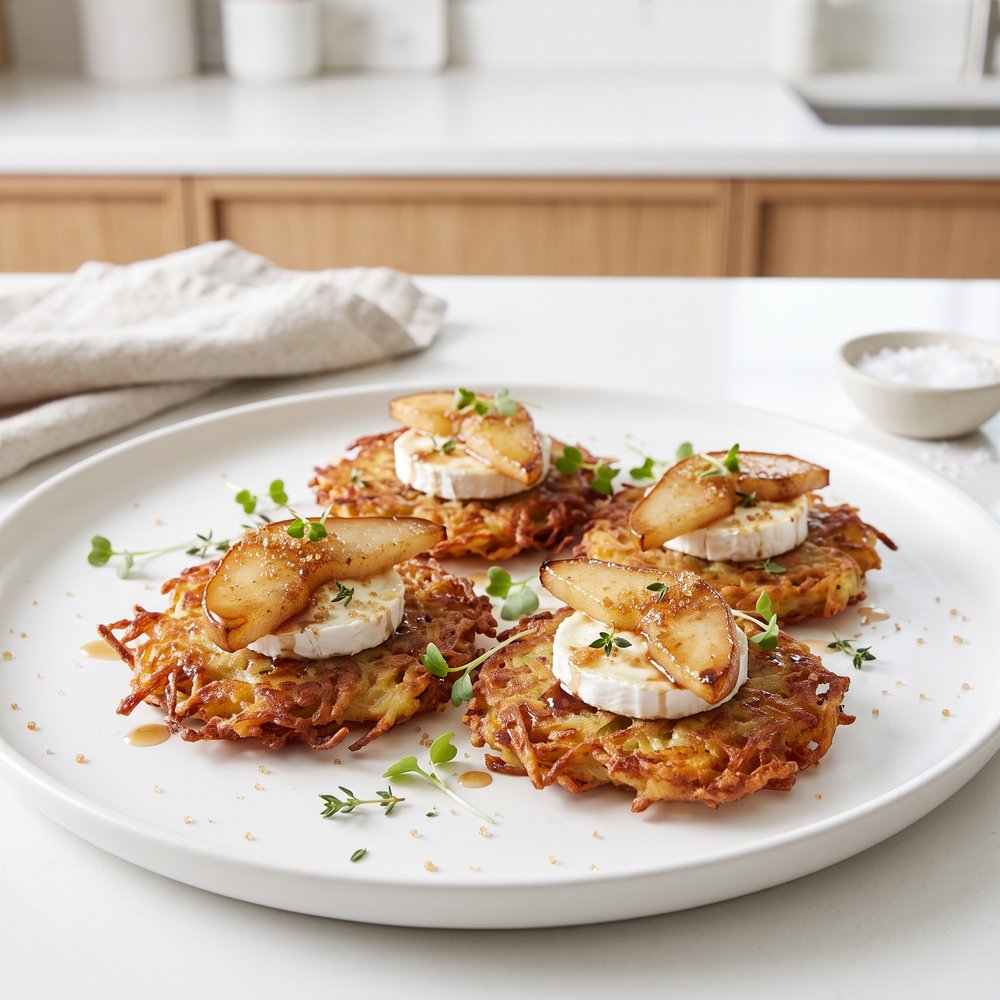 Crispy Potato Latkes with Caramelized Pears, Goat Cheese, and Sherry Vinegar