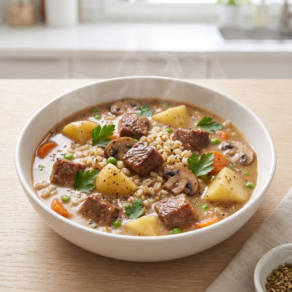 Crockpot Beef Stew with Barley and Mushrooms