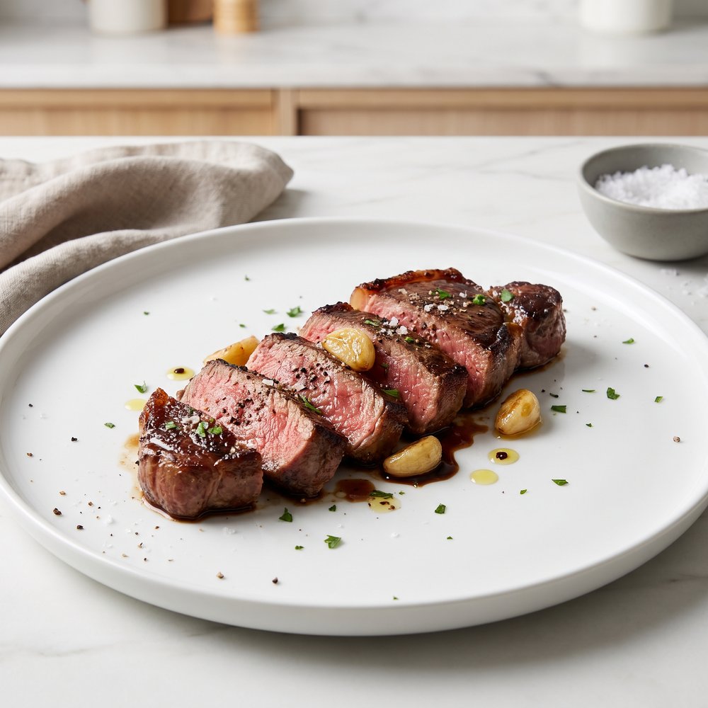 Double-Garlic New York Strip with Balsamic Finish