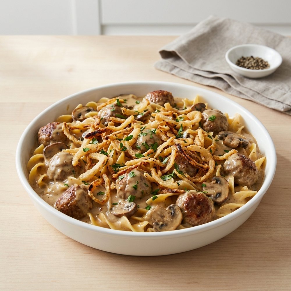 Dump and Bake Meatball Stroganoff