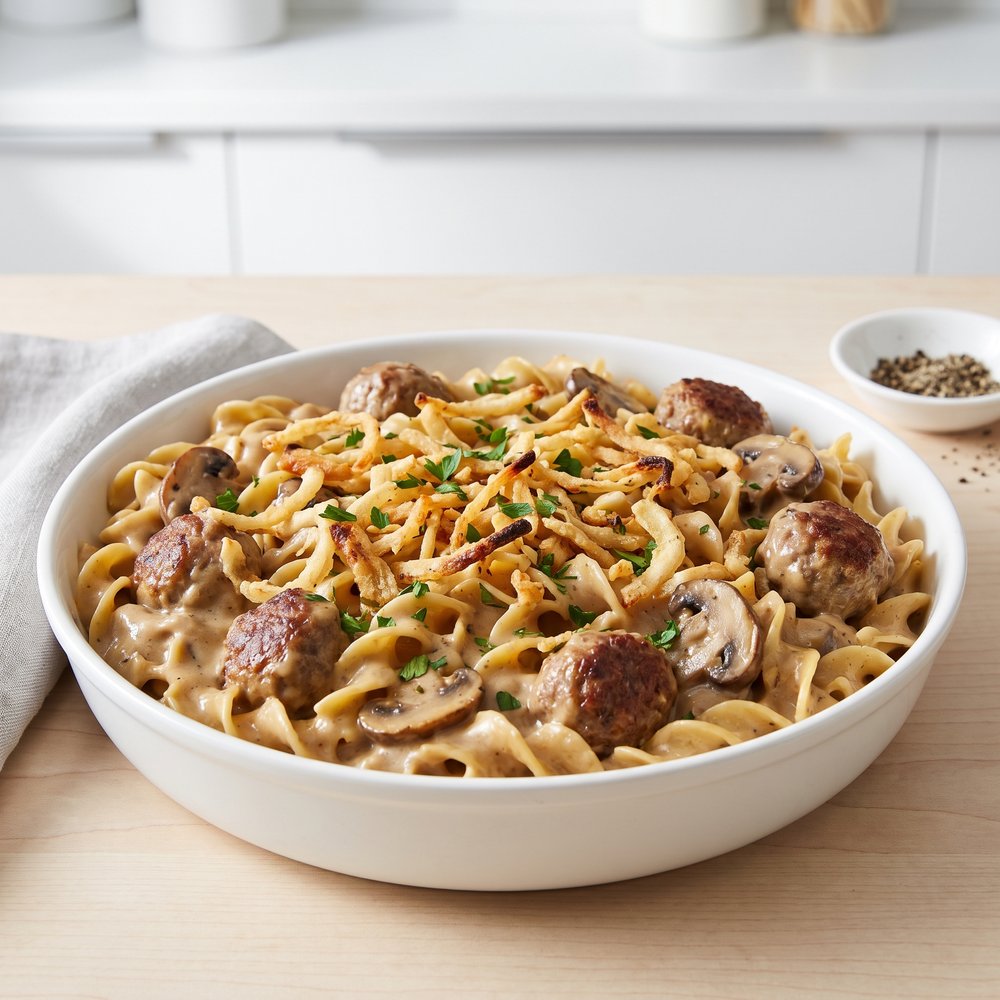 Dump and Bake Meatball Stroganoff