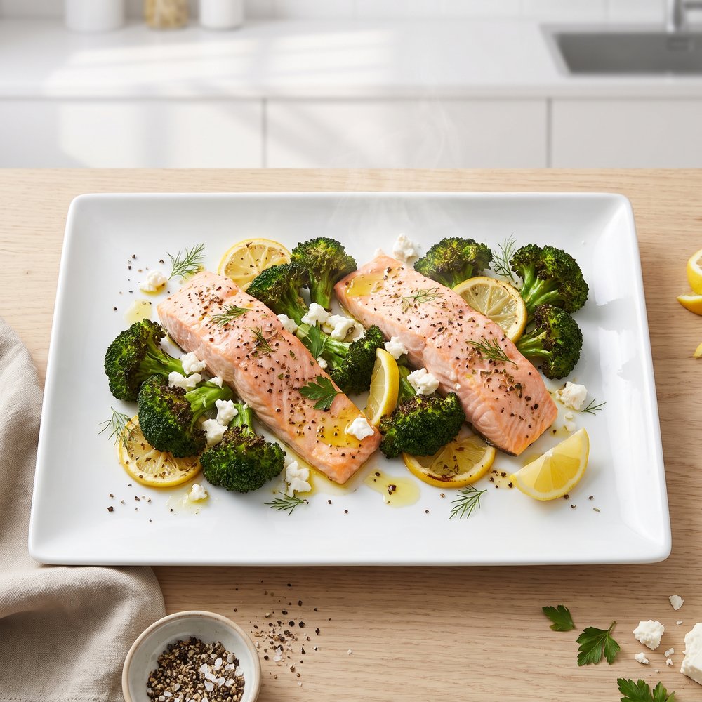 Easy Sheet Pan Roasted Greek Salmon and Broccoli