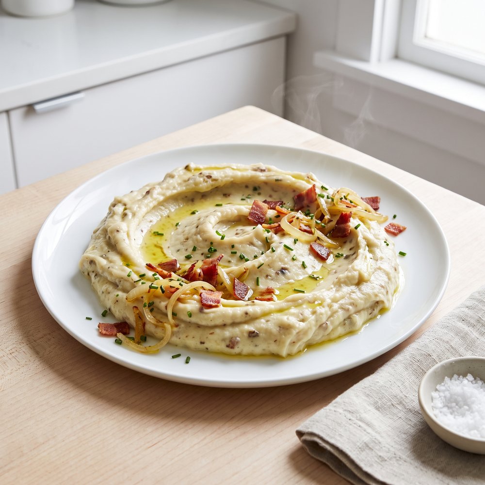 Eggplant-Infused Garlic Mash with Crispy Bacon