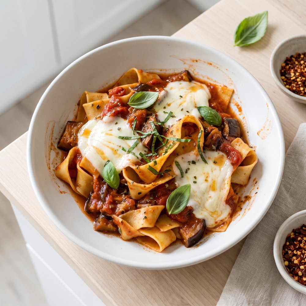 Eggplant Pappardelle with Tomato, Oregano, and Mozzarella