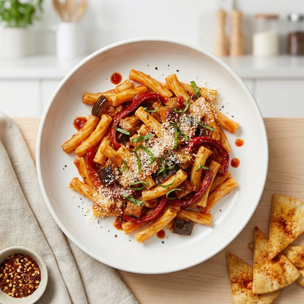 Eggplant and Tomato Ziti with Cheesy Pita