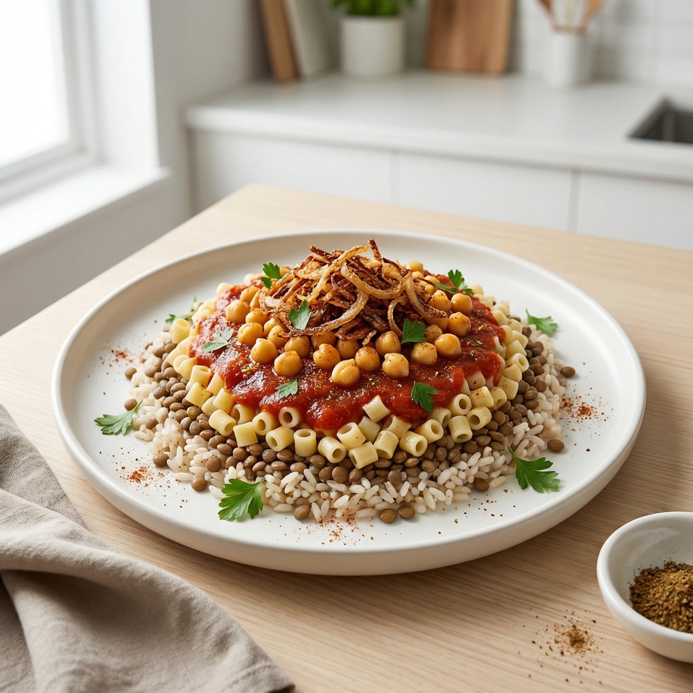 Egyptian Koshari (Rice, Lentils, Pasta, and Tomato Sauce)