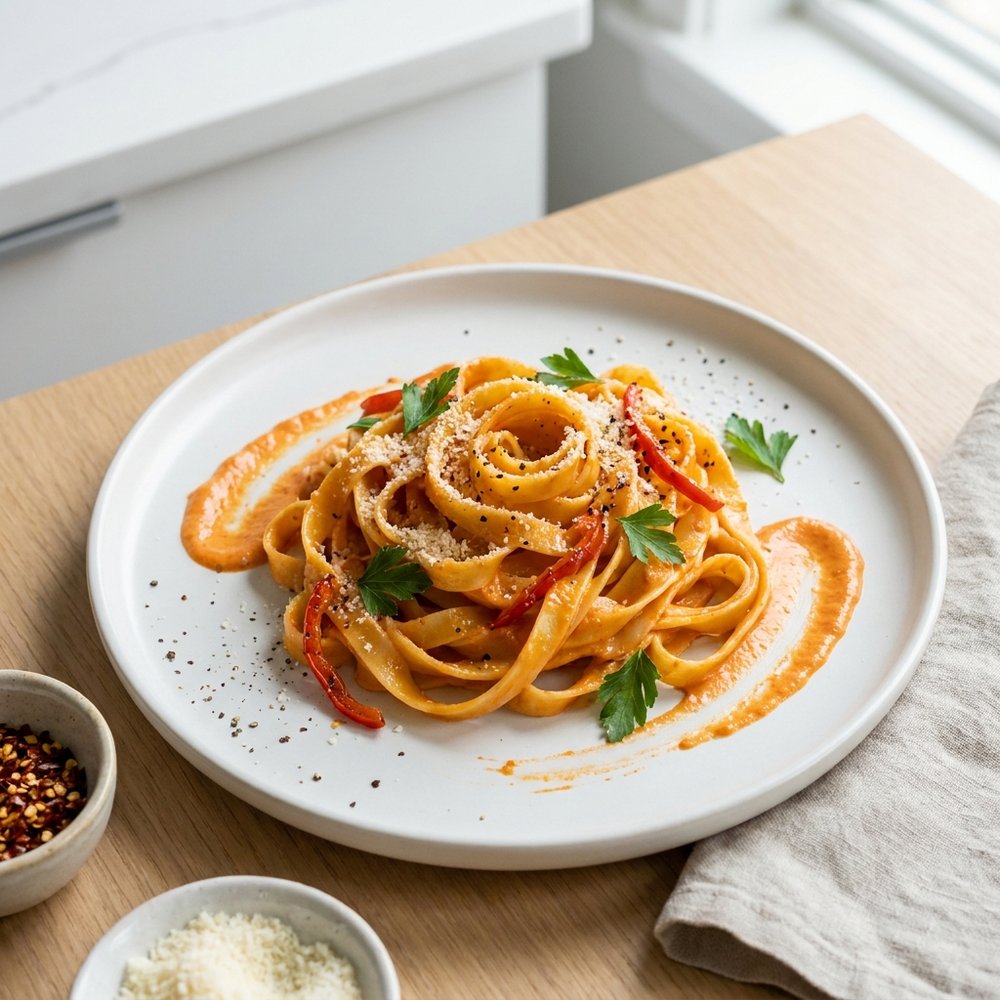 Fettuccine in Creamy Red Pepper–Cayenne Sauce