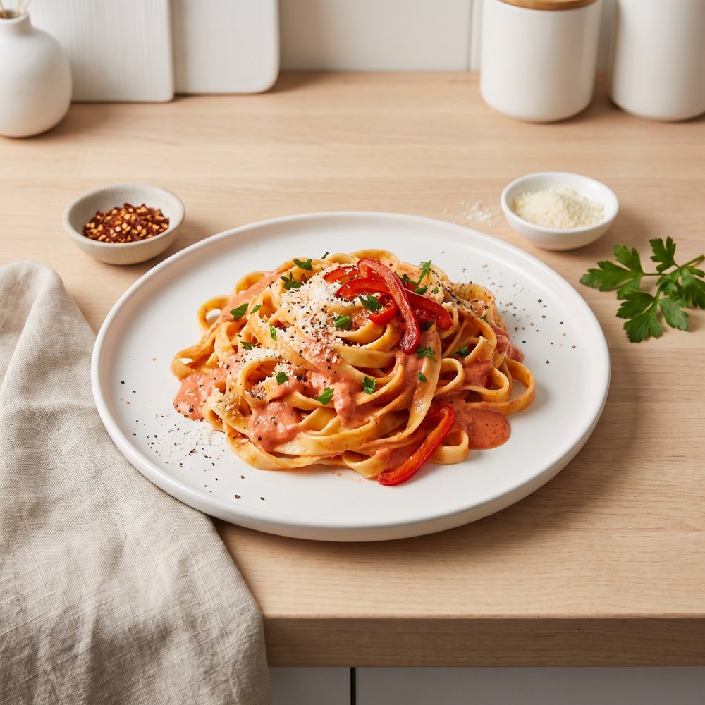 Fettuccine in Creamy Red Pepper–Cayenne Sauce