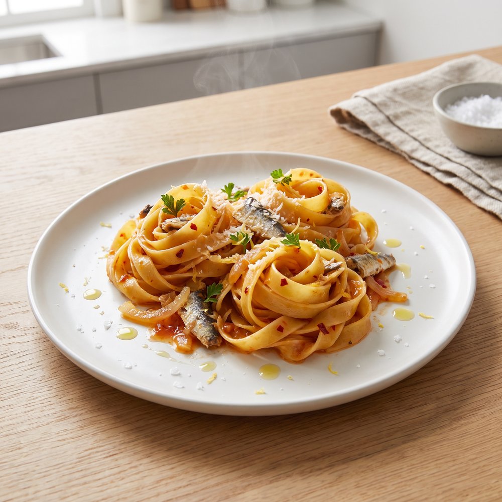 Fettuccine with Sardines in Tomato-Lemon Sauce