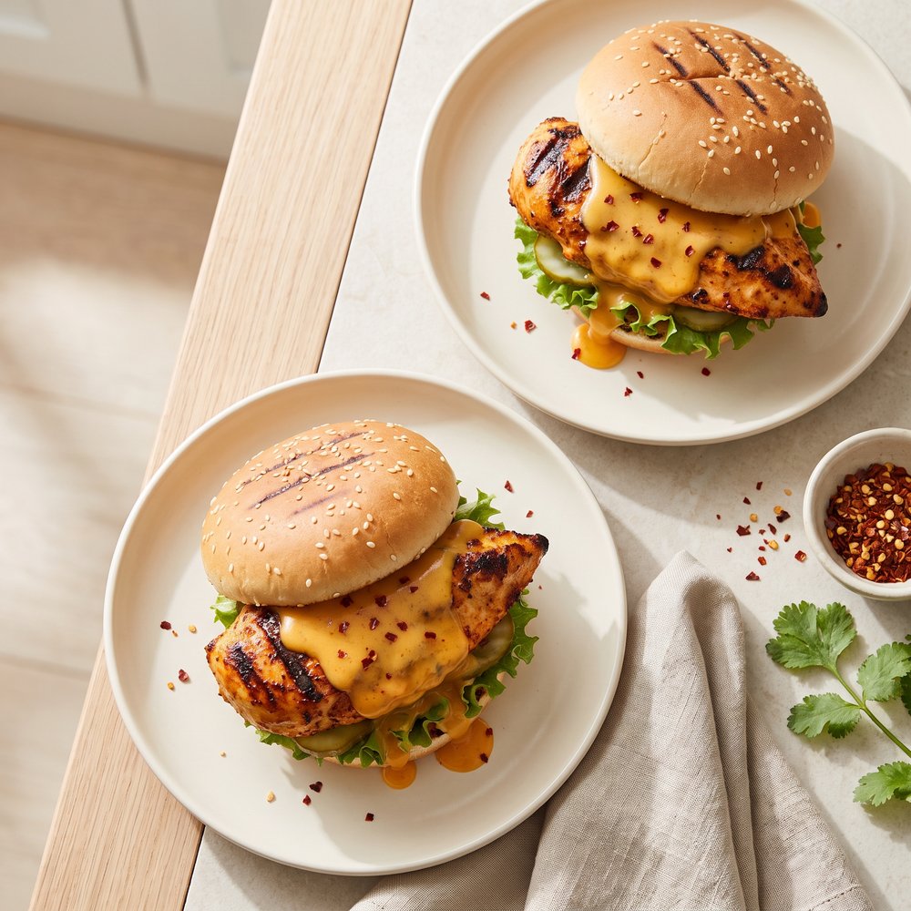 Fiery Chicken Burgers with Creamy Beer-Cheddar Sauce