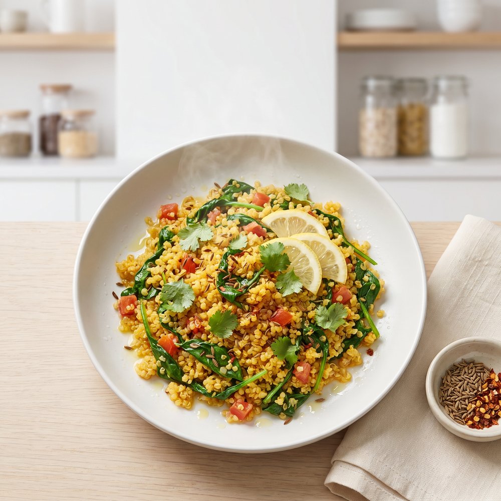 Fiery Quinoa and Spinach Pilaf (Pulao)