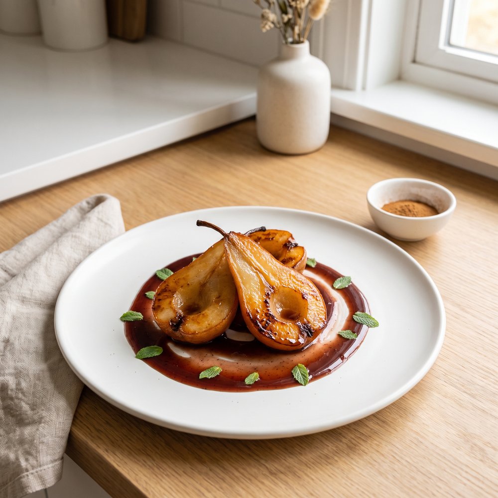 Fire-Kissed Pears with Spiced Vanilla–Cherry Sauce