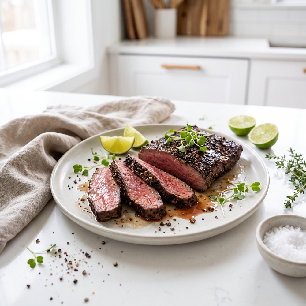 Flat Iron Steak with Triple-Pepper Spice Rub
