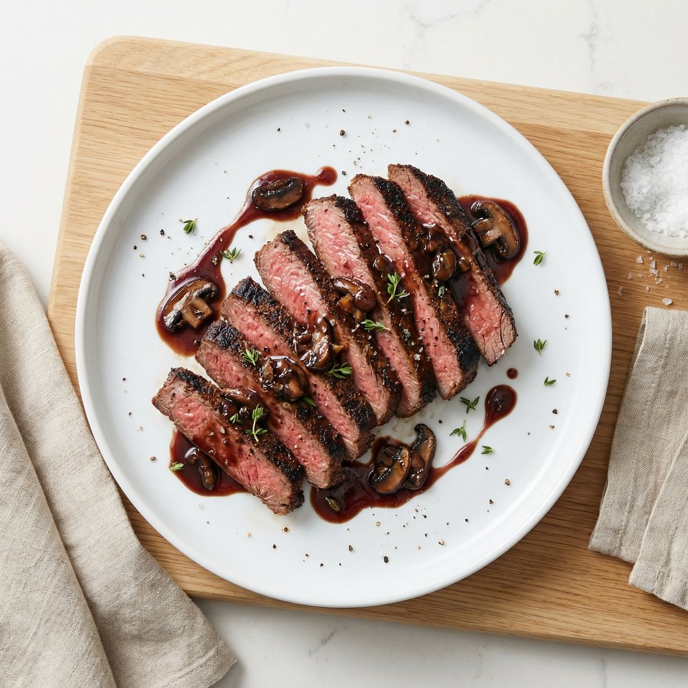 Weeknight Flat Iron Steak with Red Wine Mushroom Sauce