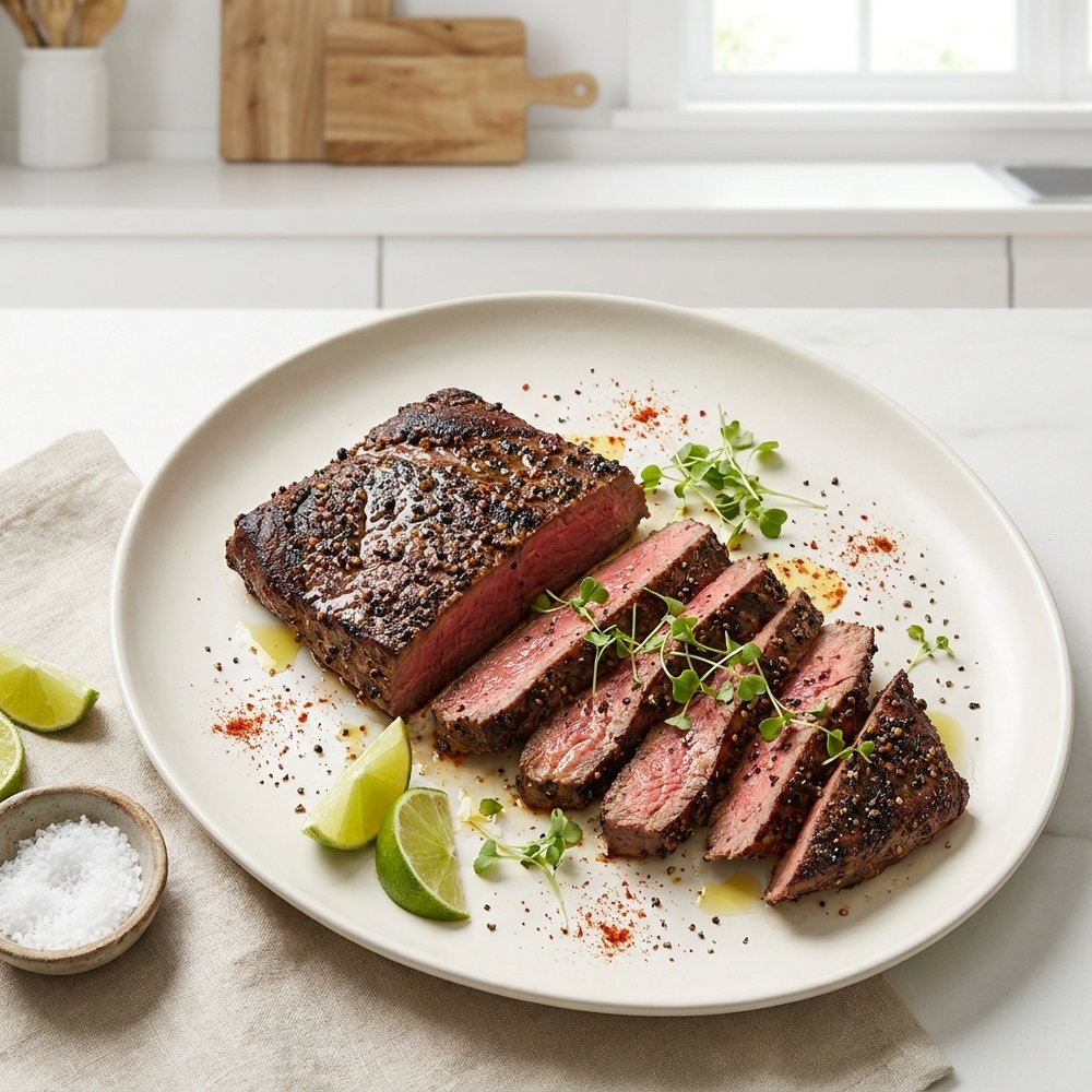 Flat Iron Steak with Triple-Pepper Spice Rub