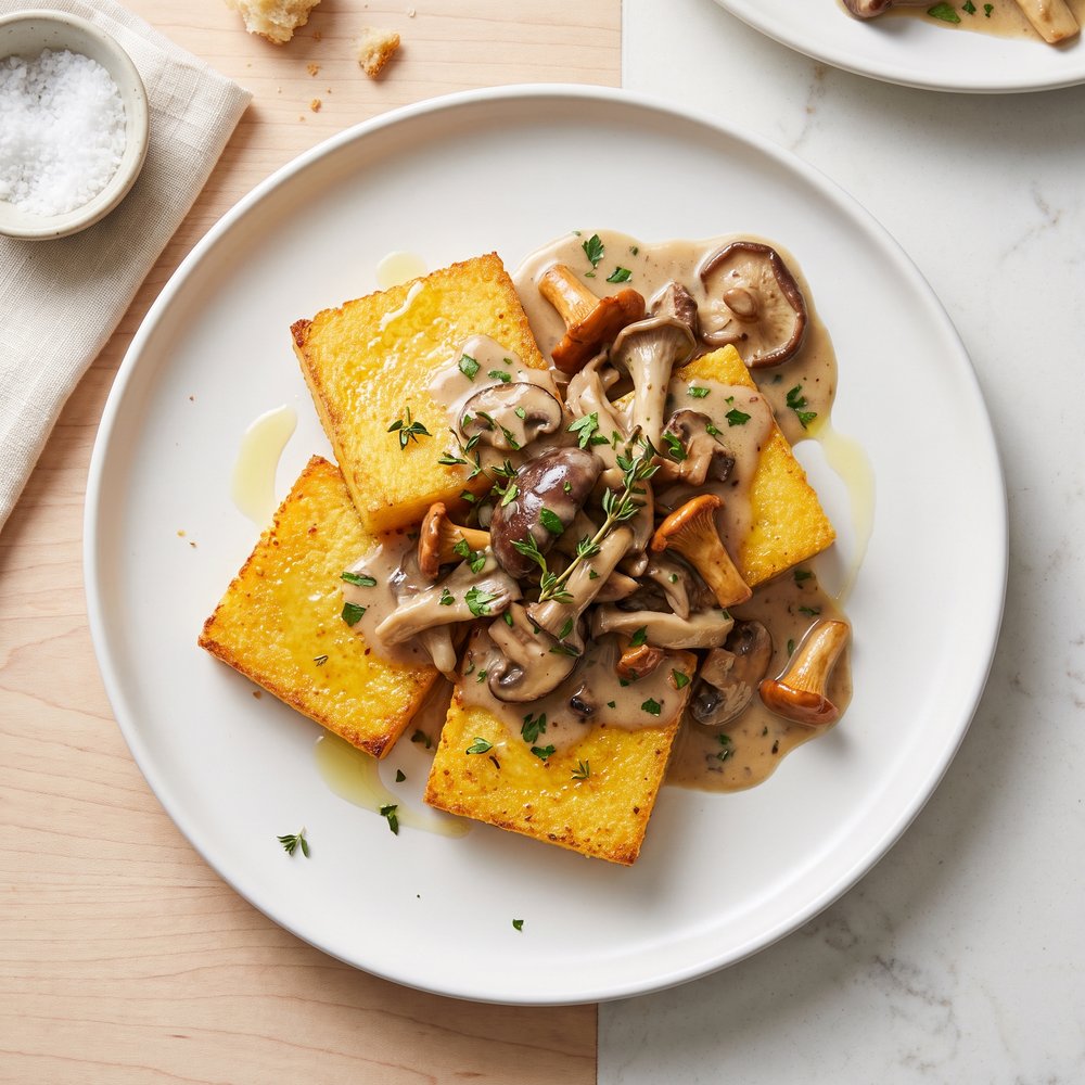 Fried Polenta Squares with Creamy Mushroom Ragu