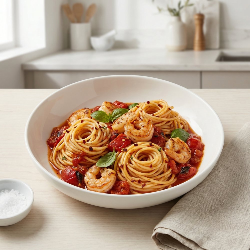 Garlicky Shrimp in Marinara over Spaghetti