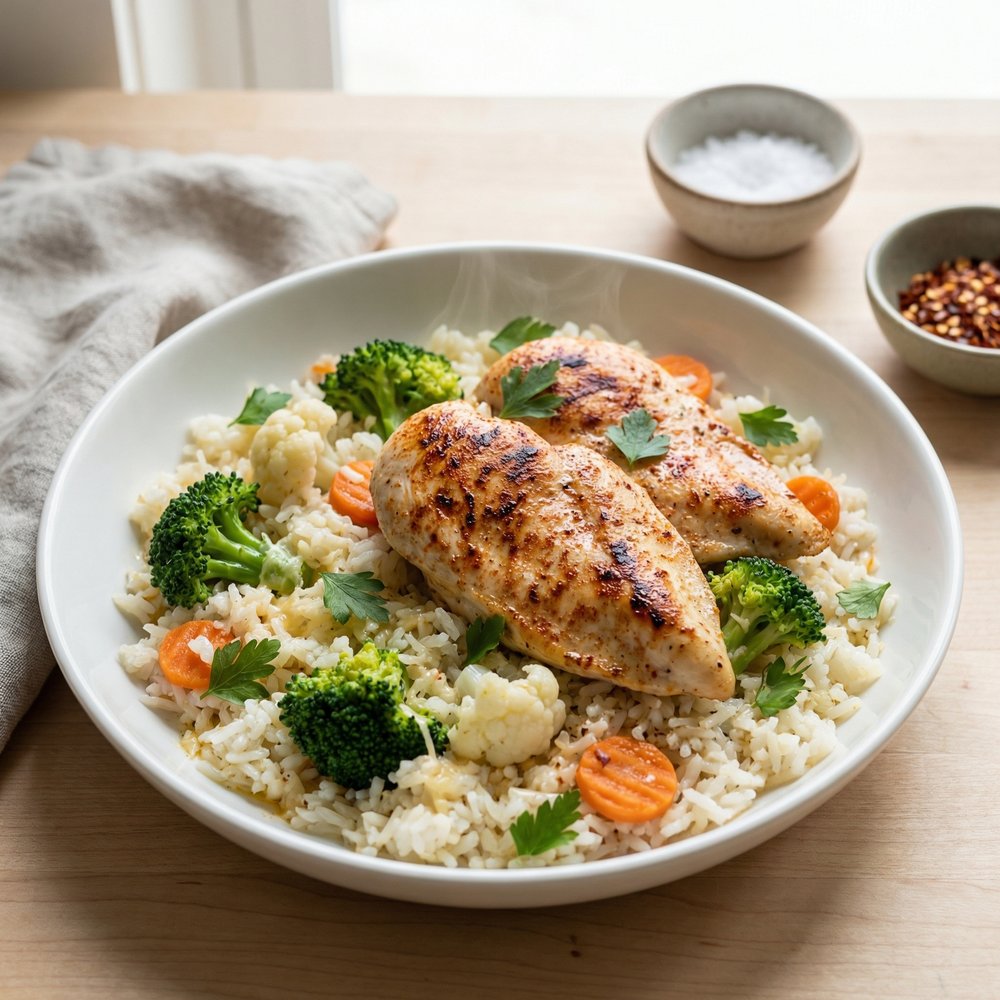 One-Pan Garlic Chicken with Veggies and Rice
