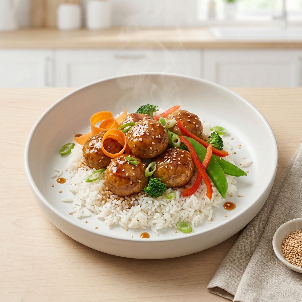 Ginger-Garlic Chicken Meatball Rice Bowls