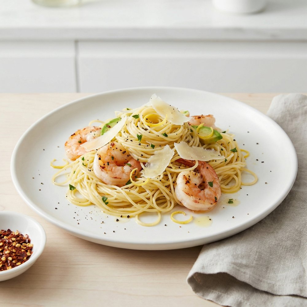 Shrimp Scampi with Angel Hair and Avocado (3000 kcal OMAD)