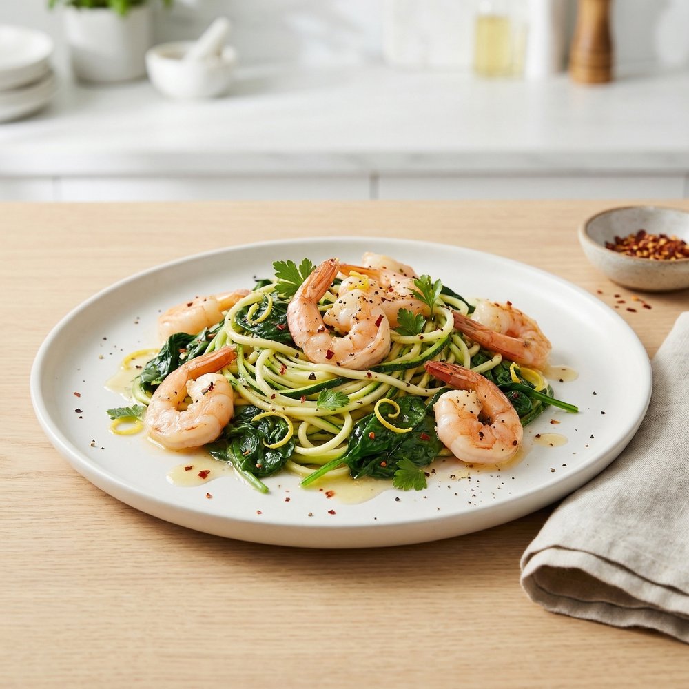 Garlicky Shrimp Florentine with Zucchini Noodles