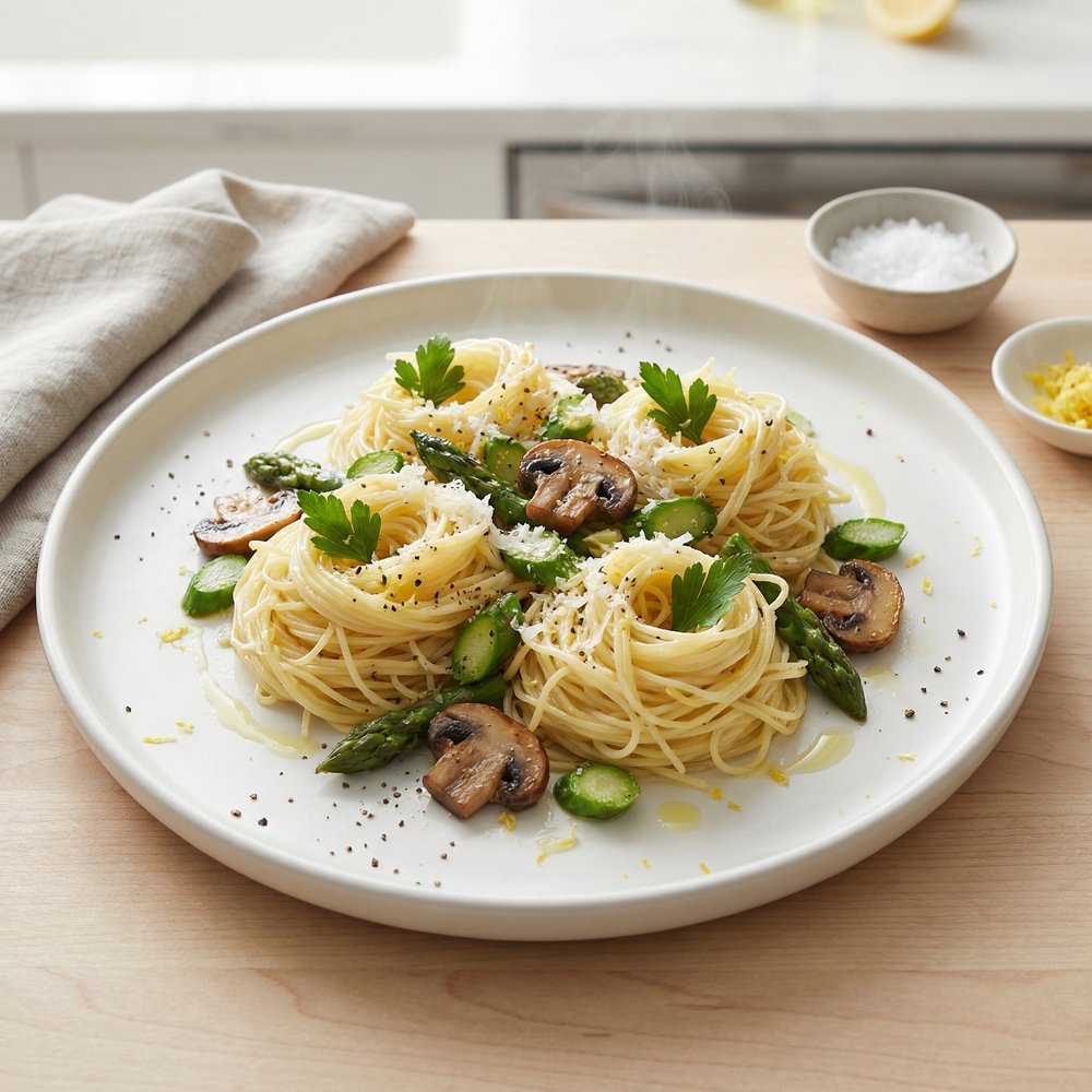 Angel Hair Pasta with Asparagus and Mushrooms